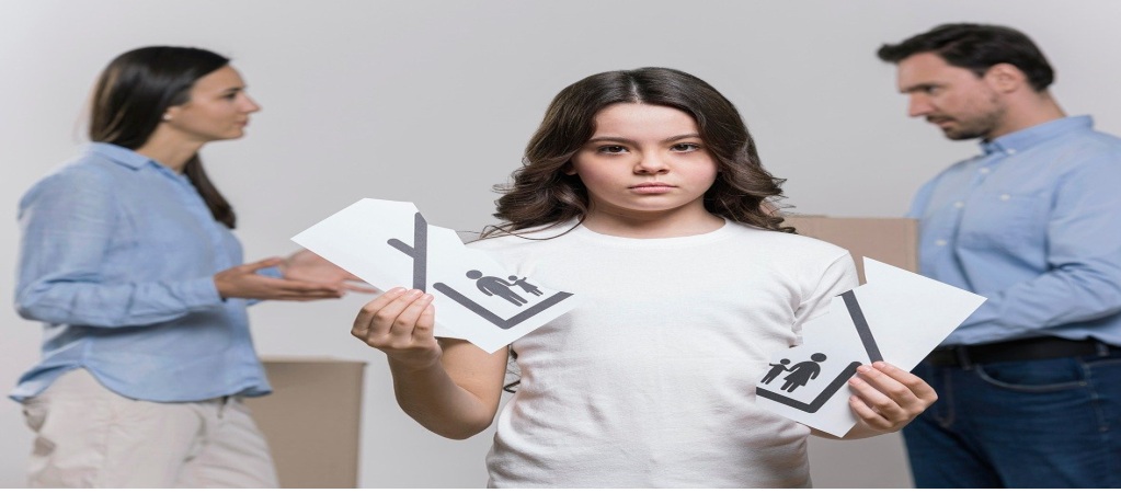 A teenage girl tears a paper symbolizing family unity while her parents argue in the background