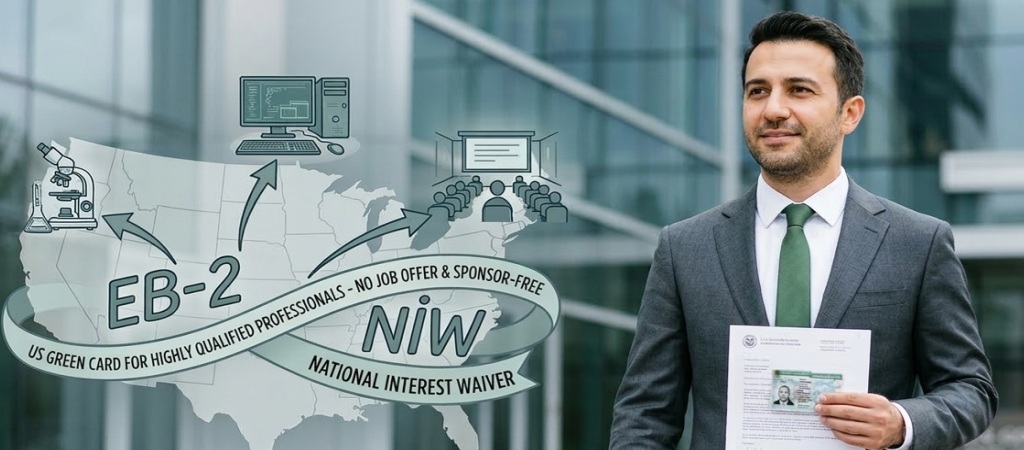 EB-2 NIW vizesi ile ABD Green Card alan yüksek nitelikli bir profesyoneli temsil eden görsel.
