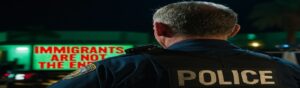 A police officer with "POLICE" on his back stands in front of a wall with the words "The immigrants are not the enemy."