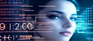 A young woman smiles softly as she looks at a screen filled with mathematical equations.