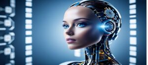 A close-up of a humanoid robot with expressive blue eyes and intricate mechanical details, symbolizing innovation and advanced technology.
