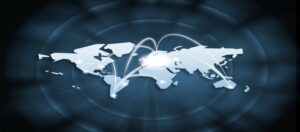 World map with glowing lines showing international company connections.