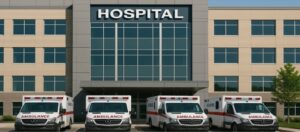 Önünde ambulansların sıralandığı, modern tasarımlı büyük bir hastane binası.