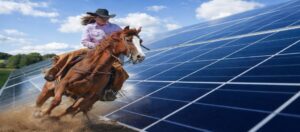A rider on horseback beside large solar panels under a blue sky in Texas.