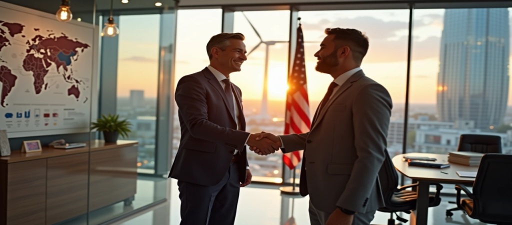 Business executives shaking hands during an L-1 Visa intra-company transfer meeting at a U.S. office