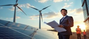 Business executive reviewing project documents at a U.S. renewable energy site with solar panels and wind turbines.