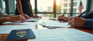 Personas firmando documentos de solicitud de visa de trabajo en EE.UU. con un pasaporte