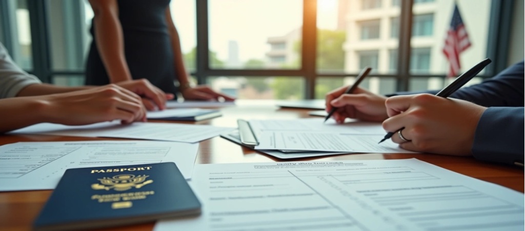 Personas firmando documentos de solicitud de visa de trabajo en EE.UU. con un pasaporte