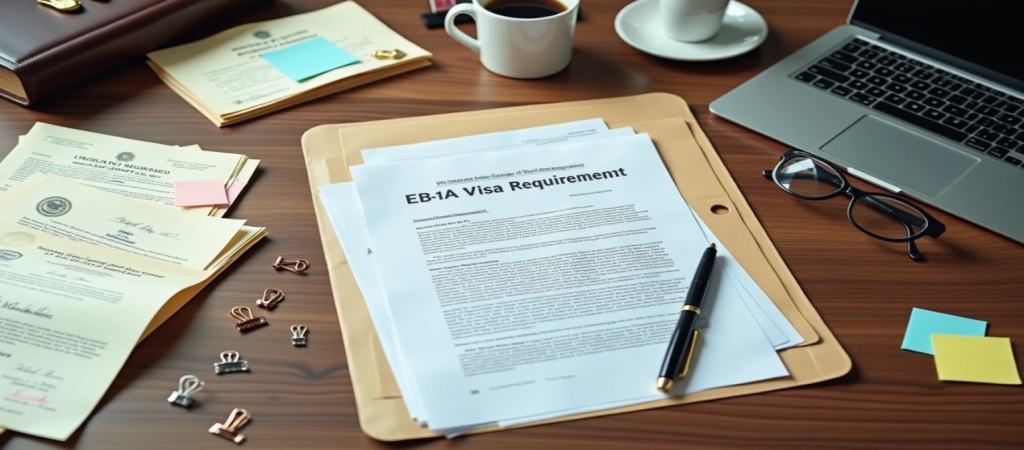 Documentos de requisitos de la visa EB1A sobre un escritorio con laptop y archivos