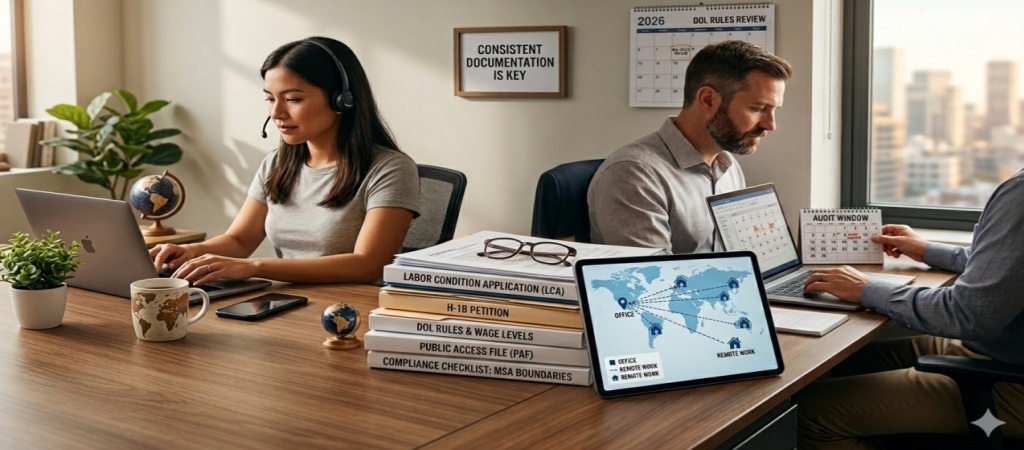 Profesionales trabajando con laptops, mapa global y documentos legales representando el Cumplimiento Migratorio en modelos híbridos