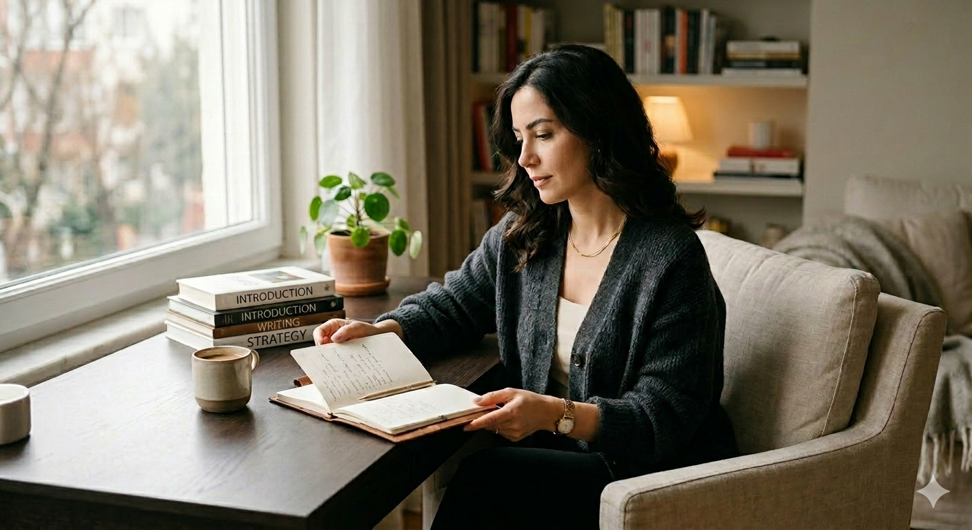 Woman reviewing documents for Marriage Green Card application at home desk
