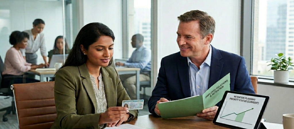 Immigration attorney advising employee on Green Card Backlog and workforce planning strategies