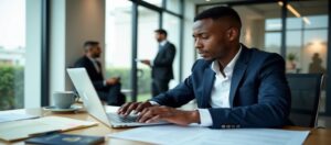Young professional working on laptop preparing H-1B Visa Lottery petition documents in a modern office
