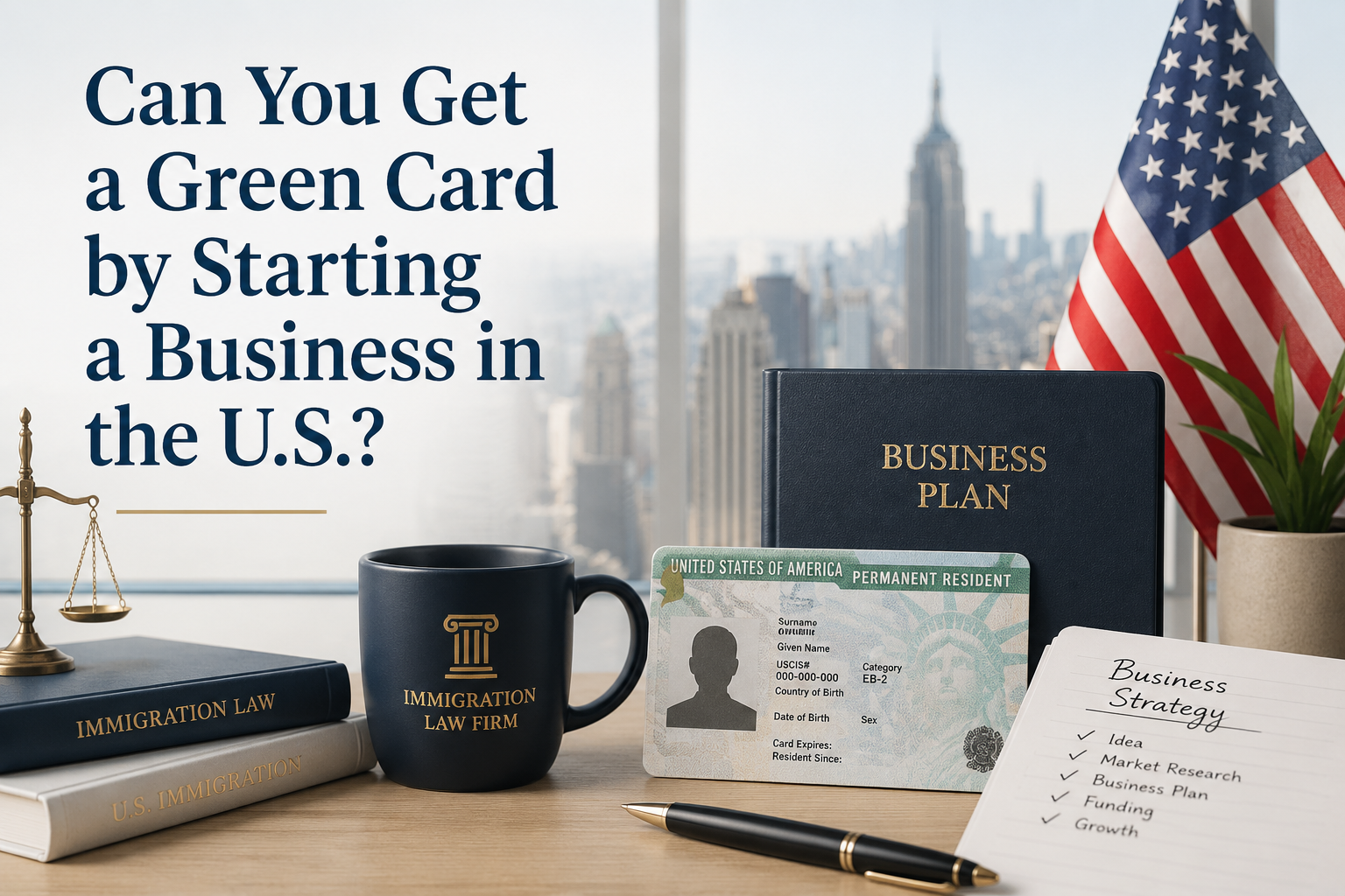 Business immigration concept featuring a Green Card, U.S. flag, legal documents, and business planning materials on a desk