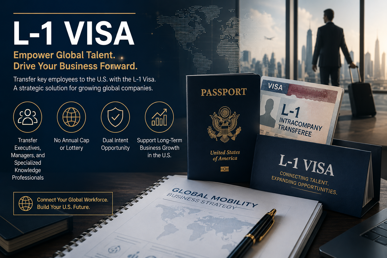 Professional corporate illustration featuring an L-1 Visa application, U.S. passport, global business strategy documents, and a business traveler overlooking a modern city skyline.