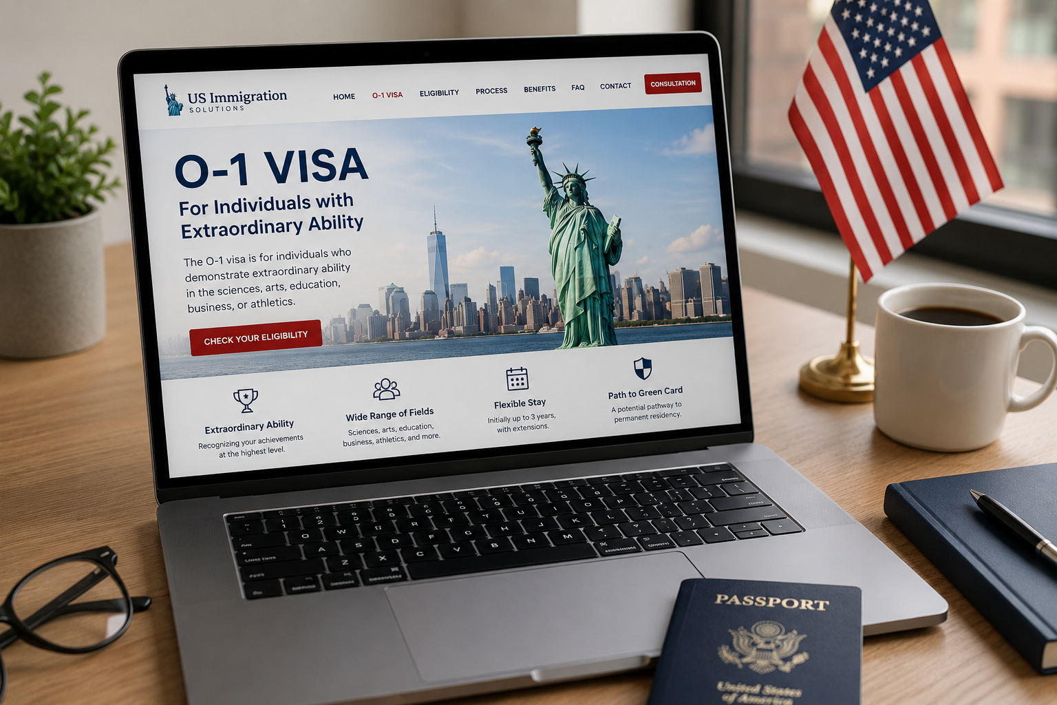 Laptop displaying an O-1 Visa immigration website beside a U.S. flag and passport on a desk.