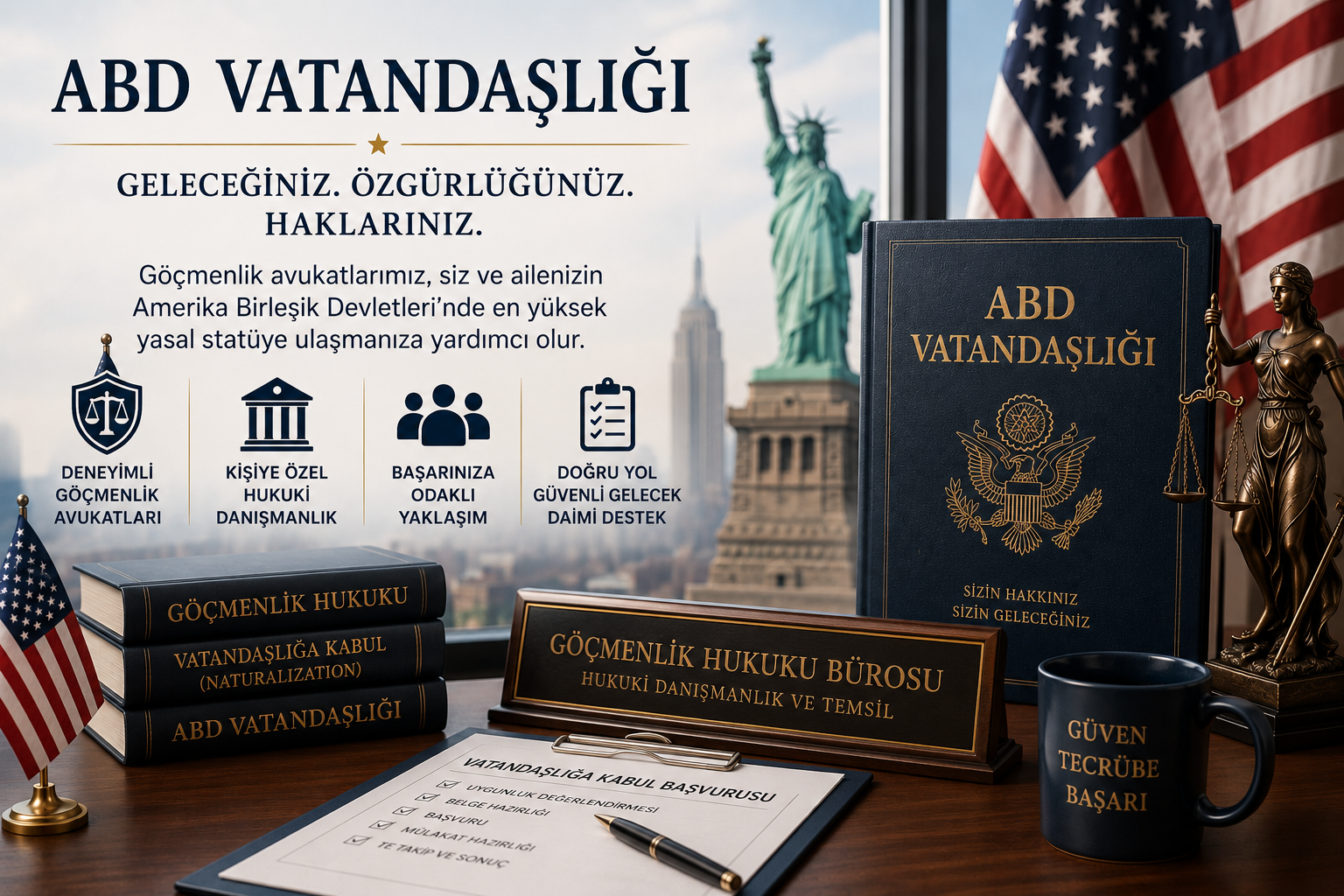 ABD vatandaşlığı başvurusu için göçmenlik hukuku kitapları, Amerikan bayrağı, vatandaşlık belgeleri ve hukuk bürosu.
