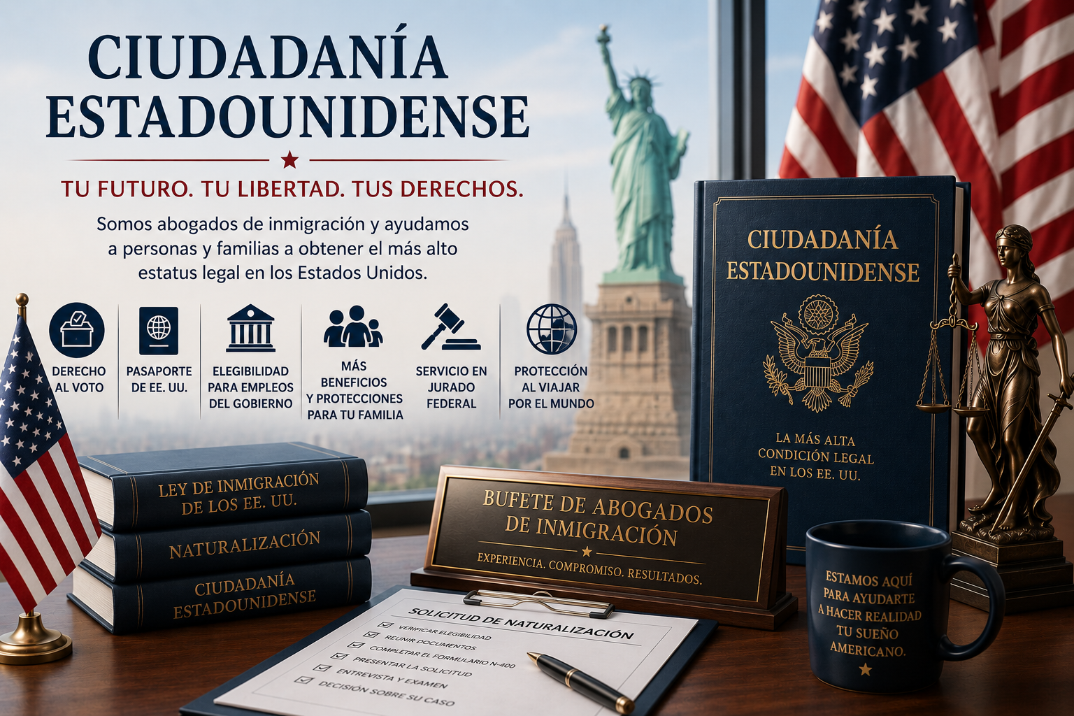 Solicitud de ciudadanía estadounidense con libros de derecho migratorio, bandera de Estados Unidos, documentos de naturalización y oficina legal.