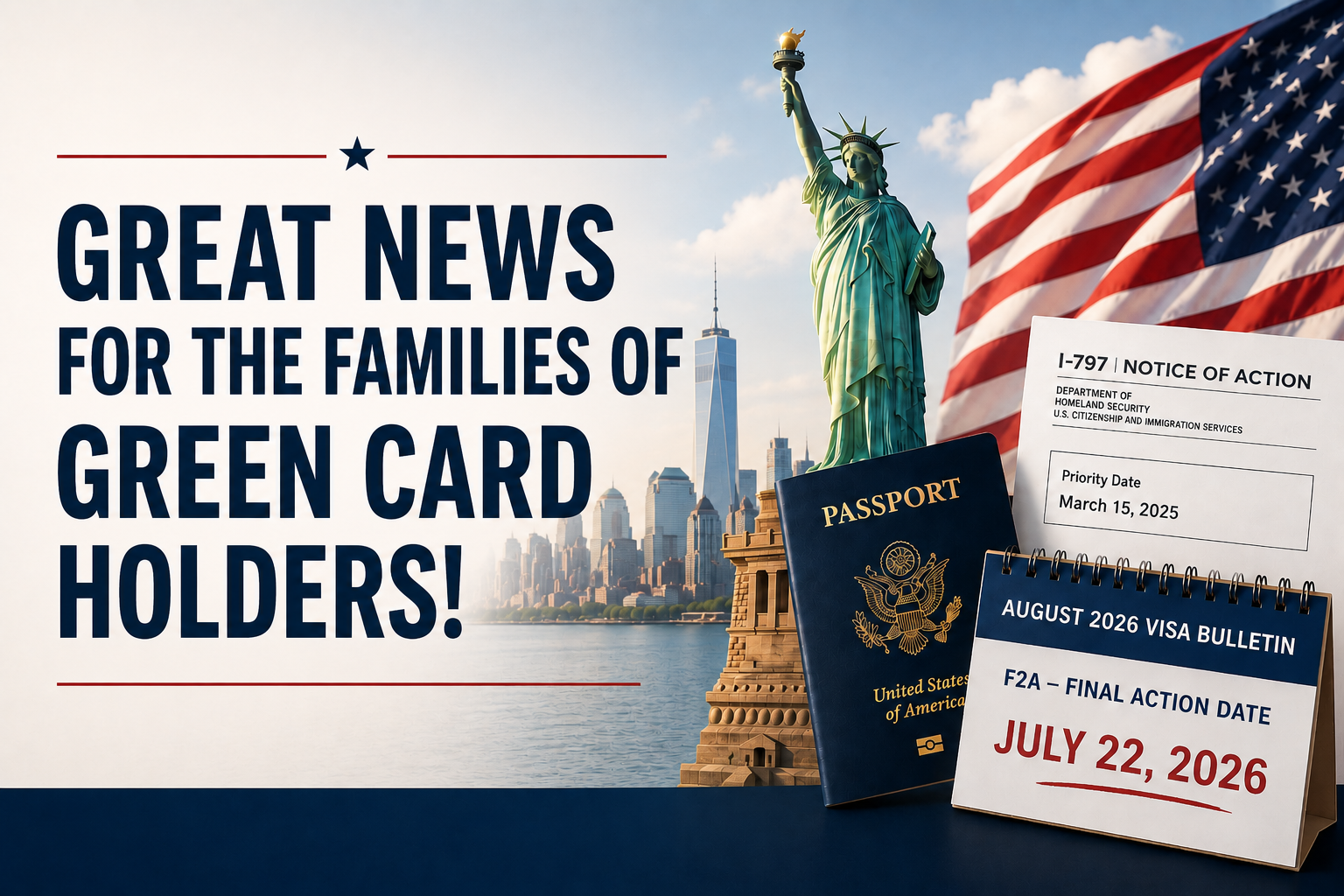Statue of Liberty, U.S. passport, August 2026 Visa Bulletin, Form I-797 Notice of Action, and American flag highlighting the advancement of the F2A category for Green Card holder families.