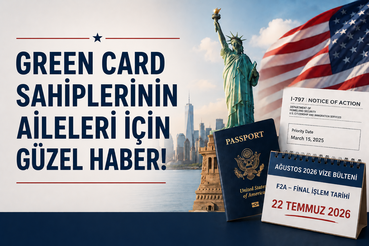 Özgürlük Heykeli, ABD pasaportu, Ağustos 2026 Visa Bulletin, I-797 Notice of Action ve Amerikan bayrağı ile F2A kategorisi kapsamında Green Card sahiplerinin ailelerine yönelik önemli gelişme.