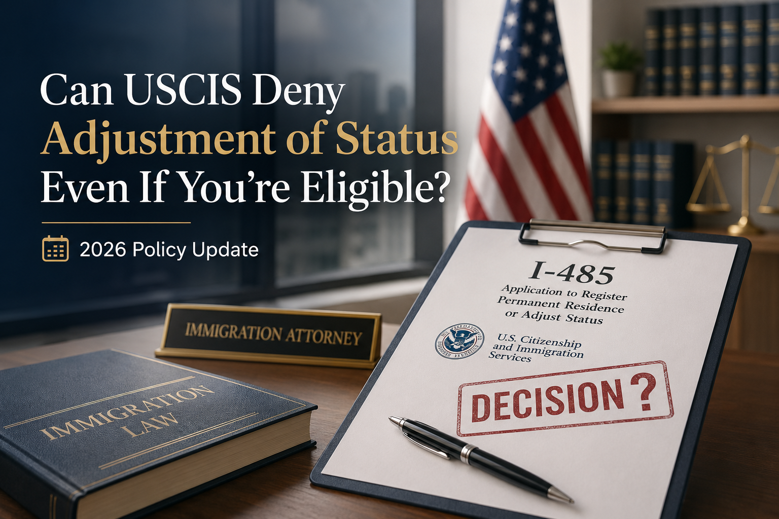 Immigration attorney office with Form I-485 illustrating the 2026 USCIS Adjustment of Status policy update and discretionary Green Card decisions.