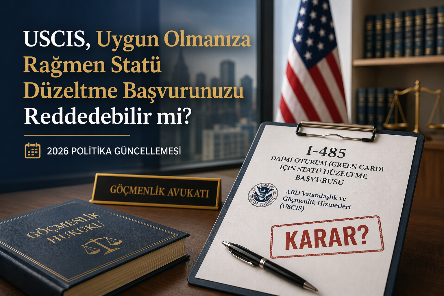 2026 USCIS politika güncellemesini ve Statü Ayarlaması başvurularındaki takdir yetkisini simgeleyen I-485 formunun bulunduğu bir göçmenlik avukatı ofisi.