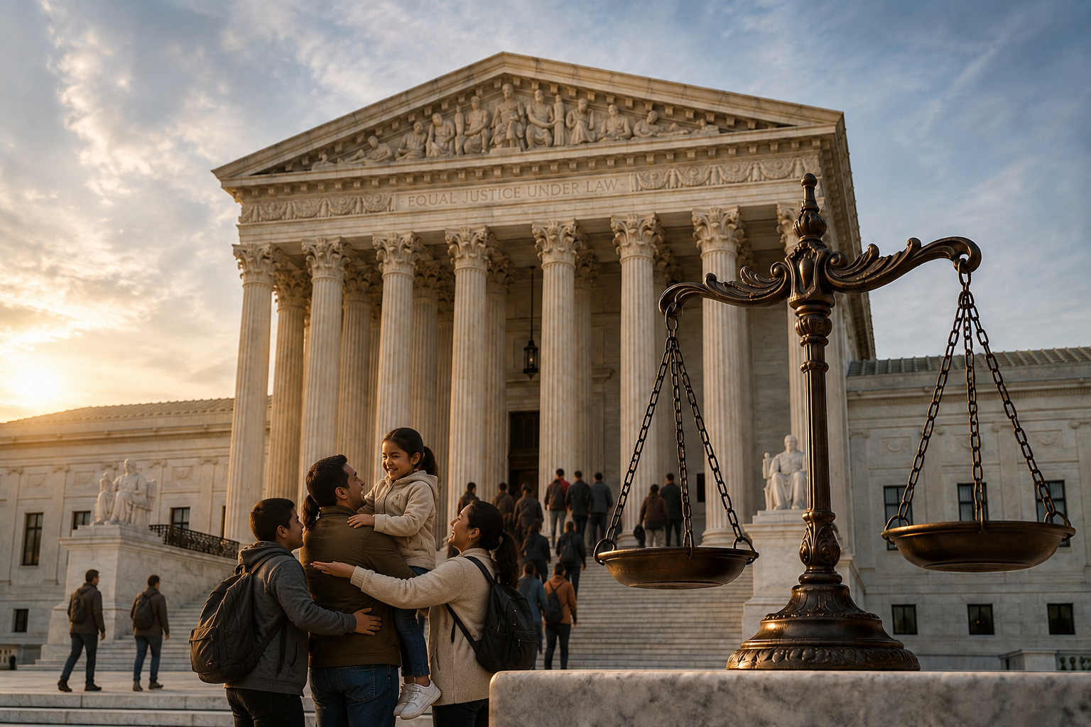 The U.S. Supreme Court building with the scales of justice in the foreground and an immigrant family standing together, symbolizing Birthright Citizenship.