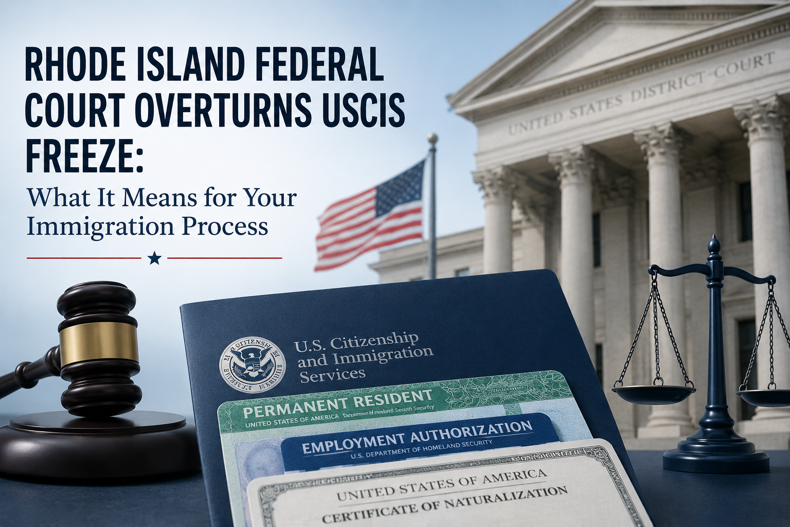 Federal courthouse, USCIS immigration documents, gavel and scales of justice representing the Rhode Island court decision overturning the USCIS Freeze.
