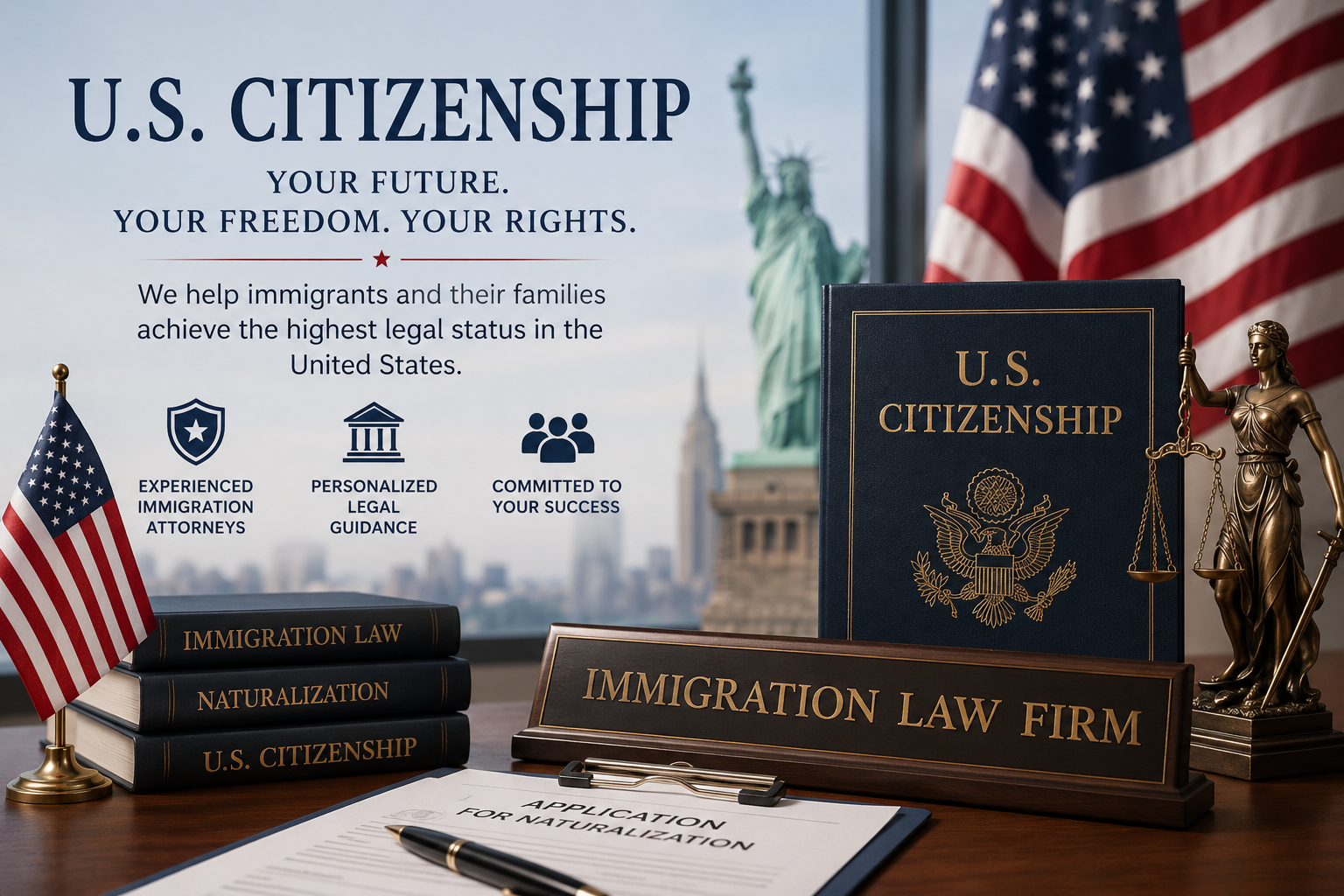 U.S. citizenship application with immigration law books, American flag, naturalization documents, and legal services office.