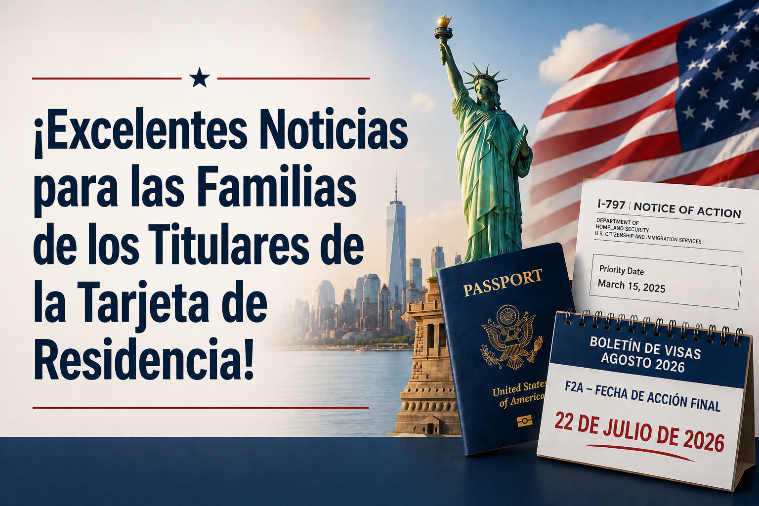 Estatua de la Libertad, pasaporte estadounidense, Formulario I-797, Boletín de Visas de agosto de 2026 y bandera de Estados Unidos destacando el avance de la categoría F2A.