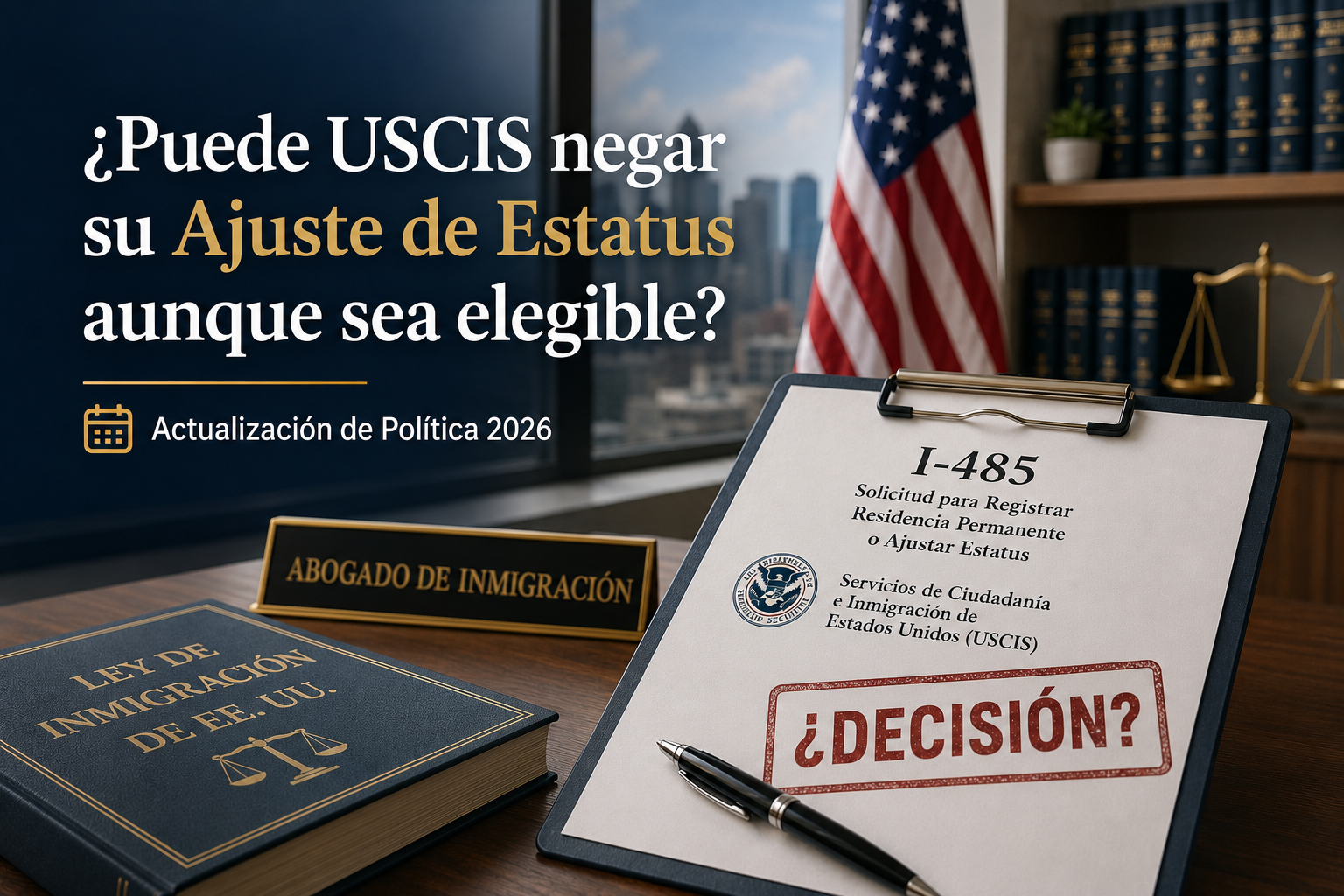 Oficina de un abogado de inmigración con el formulario I-485 que representa la actualización de la política 2026 de USCIS sobre el Ajuste de Estatus.