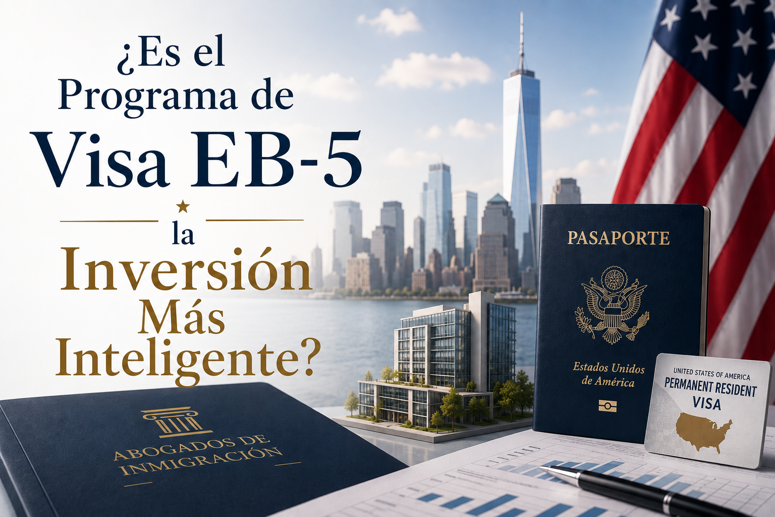 Pasaporte estadounidense, tarjeta de la Visa EB-5, bandera de Estados Unidos y bienes raíces modernos que representan la inmigración por inversión.