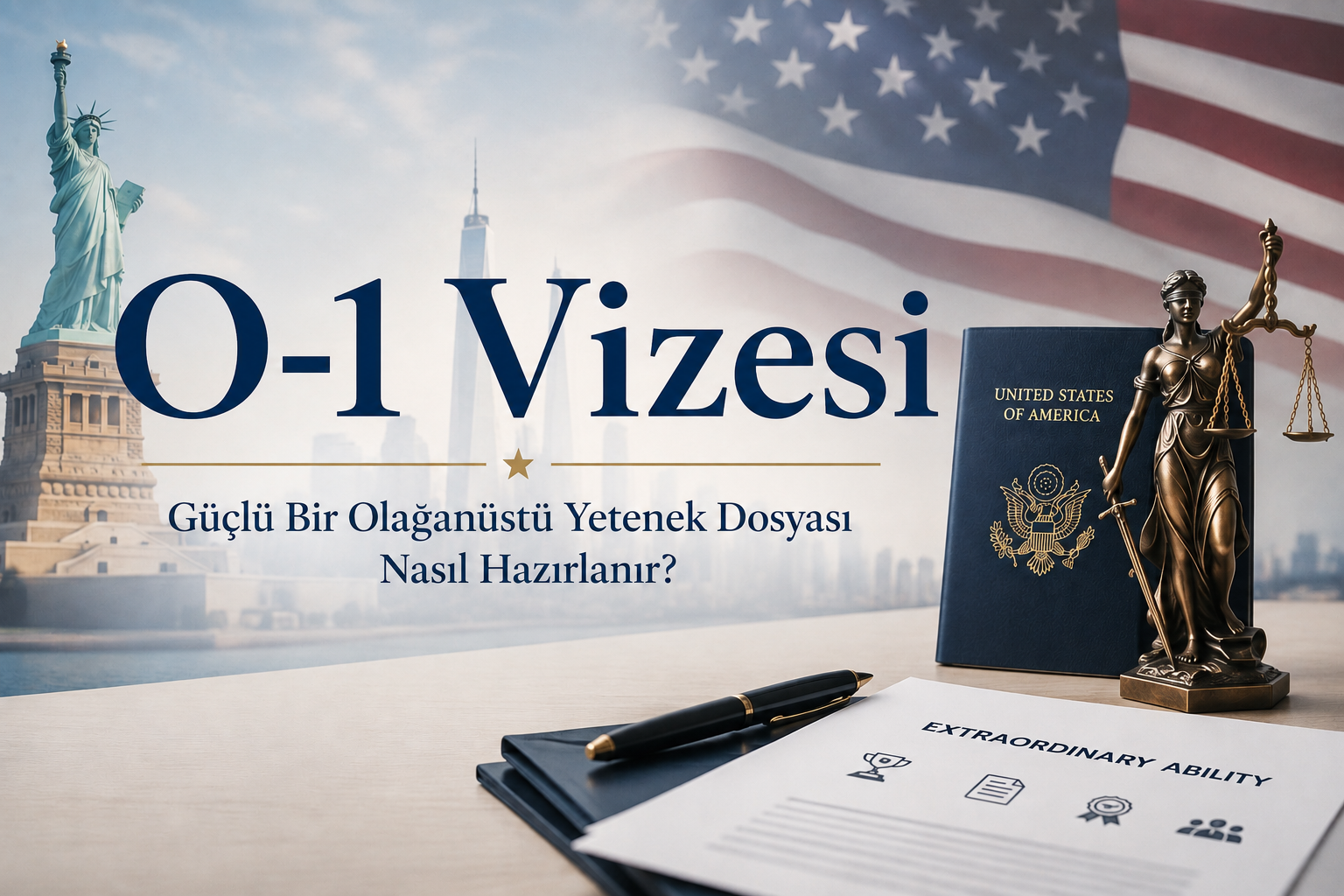 ABD bayrağı, Özgürlük Heykeli, pasaport ve hukuki belgelerle O-1 Vizesi olağanüstü yetenek dosyası