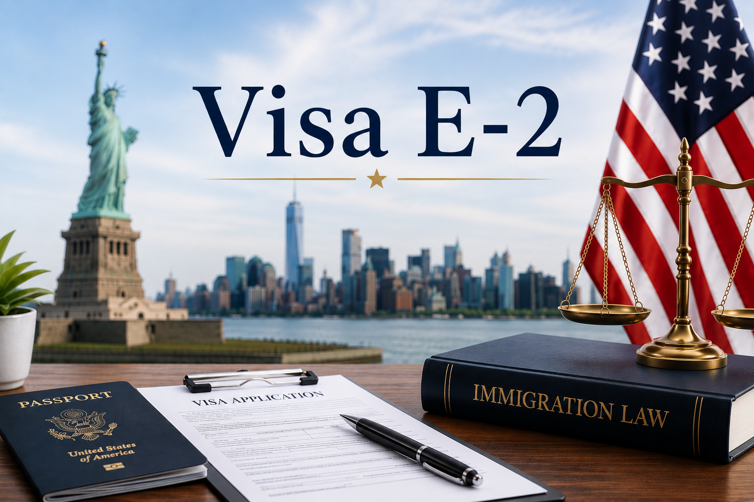 Solicitud de Visa E-2 con pasaporte estadounidense, libro de inmigración, balanza de justicia y Estatua de la Libertad