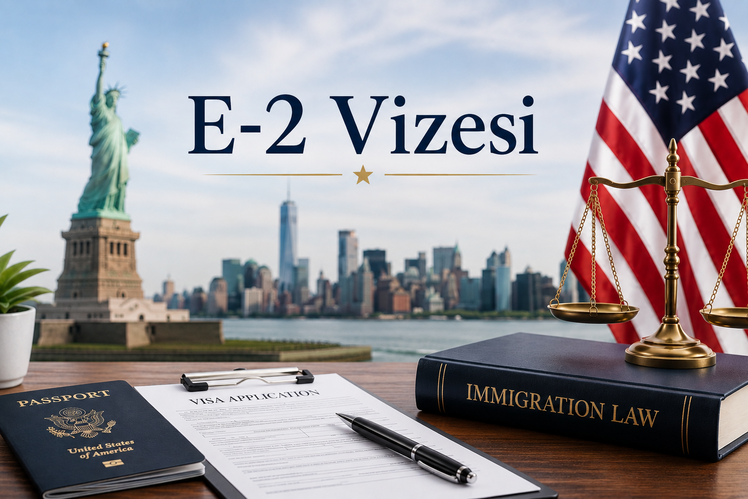 ABD pasaportu, göçmenlik hukuku kitabı, adalet terazisi ve Özgürlük Heykeli ile E-2 Vizesi başvurusu