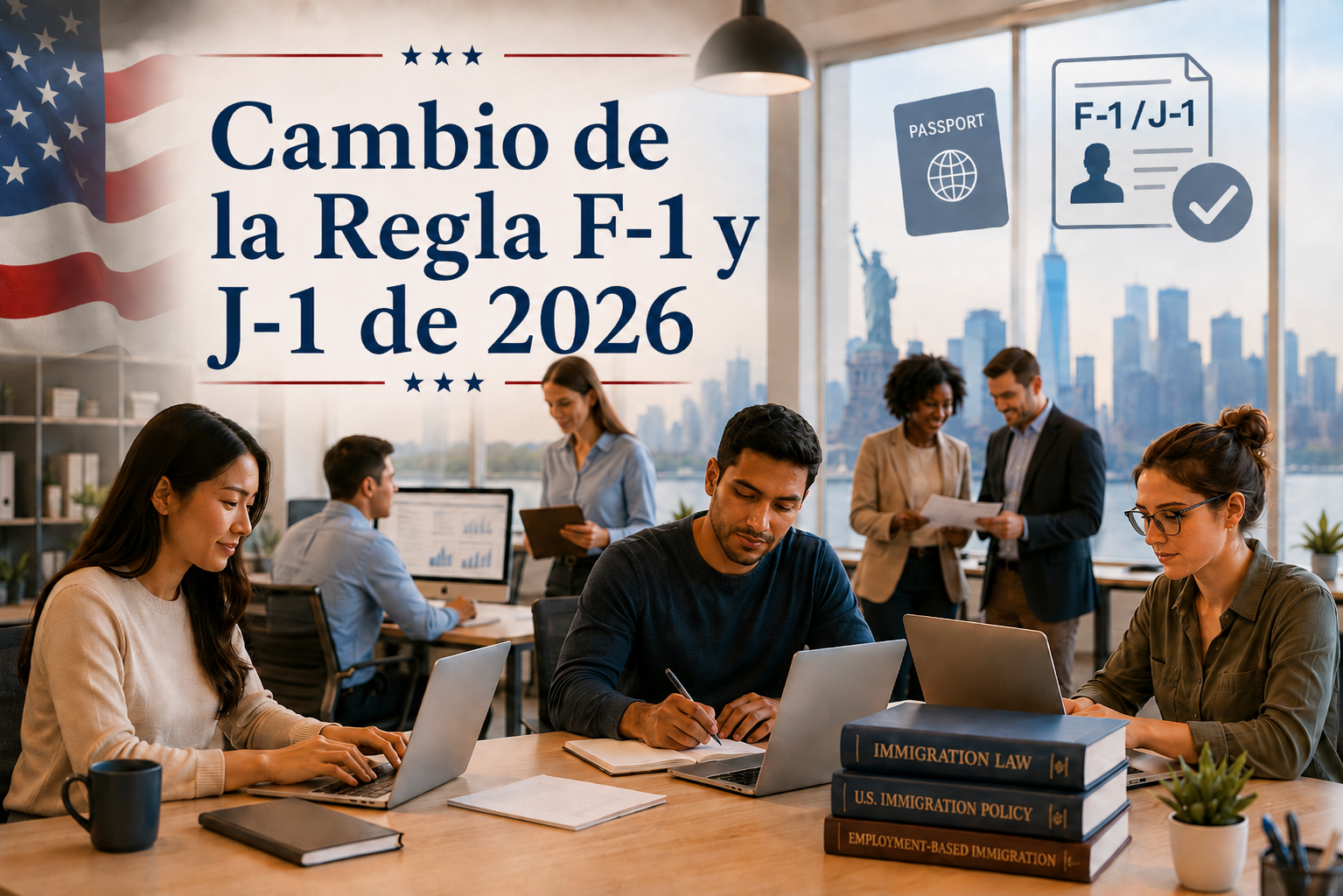 Estudiantes internacionales trabajando en una oficina de EE. UU. durante el Cambio de la Regla F-1 y J-1 de 2026