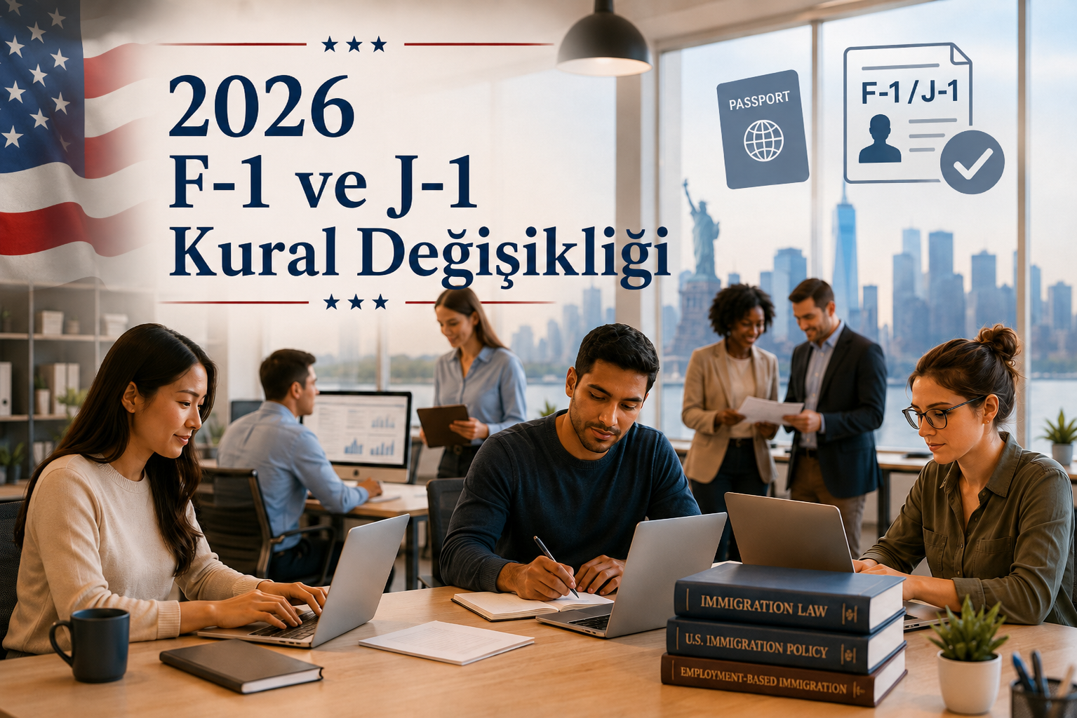 ABD'deki bir ofiste çalışan uluslararası öğrenciler ve 2026 F-1 ve J-1 Kural Değişikliği
