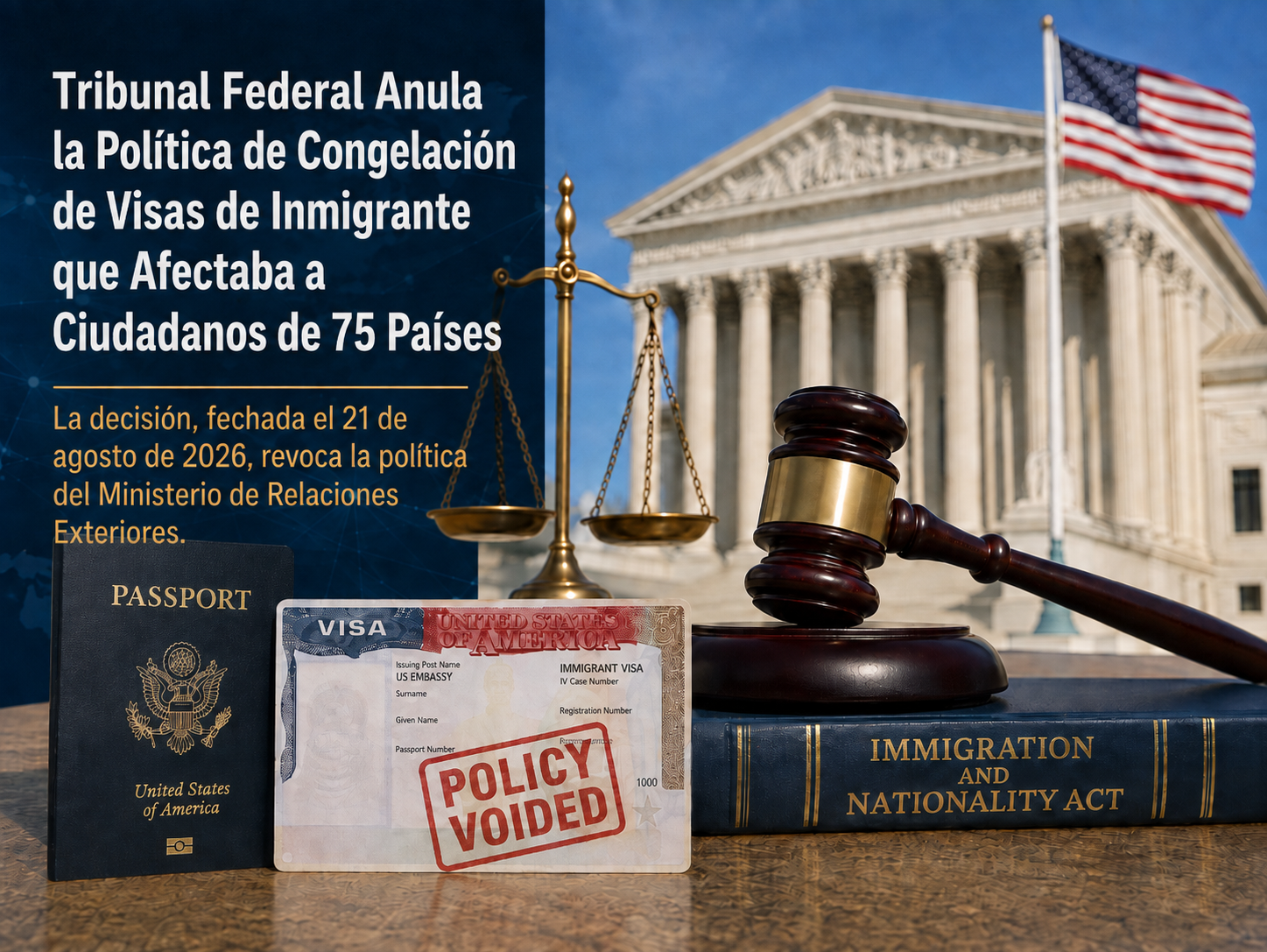 Tribunal federal de EE. UU., mazo, pasaporte, Visa de Inmigrante y balanza que representan el fallo en CLINIC v. Rubio.