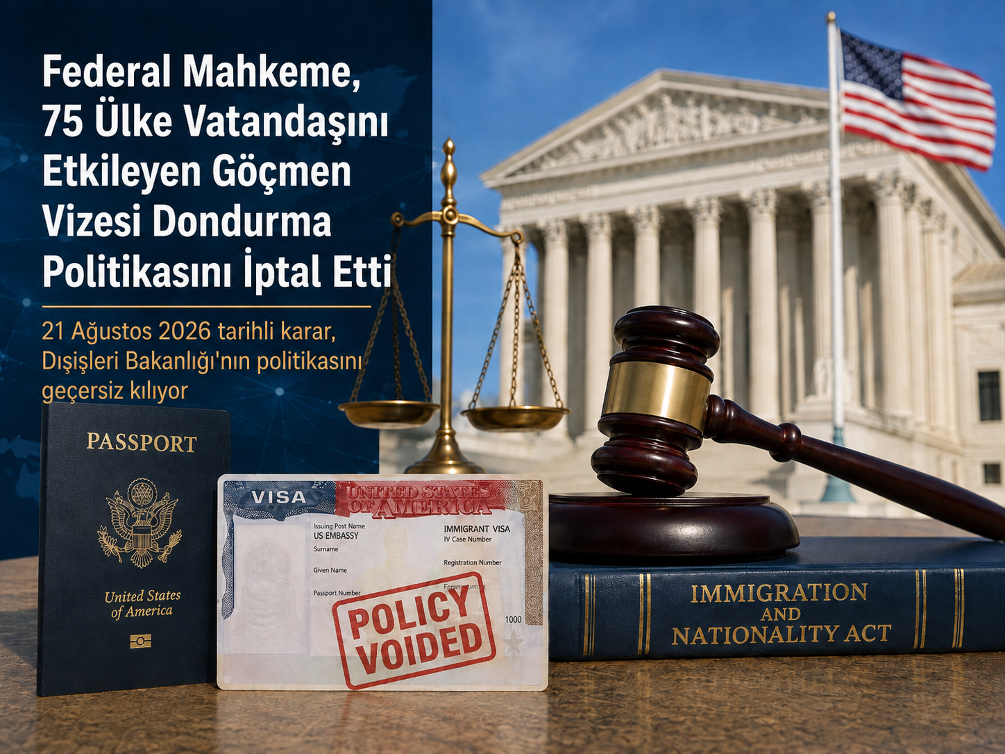ABD mahkeme binası, tokmak, pasaport, Göçmen Vizesi ve adalet terazisi görseli.