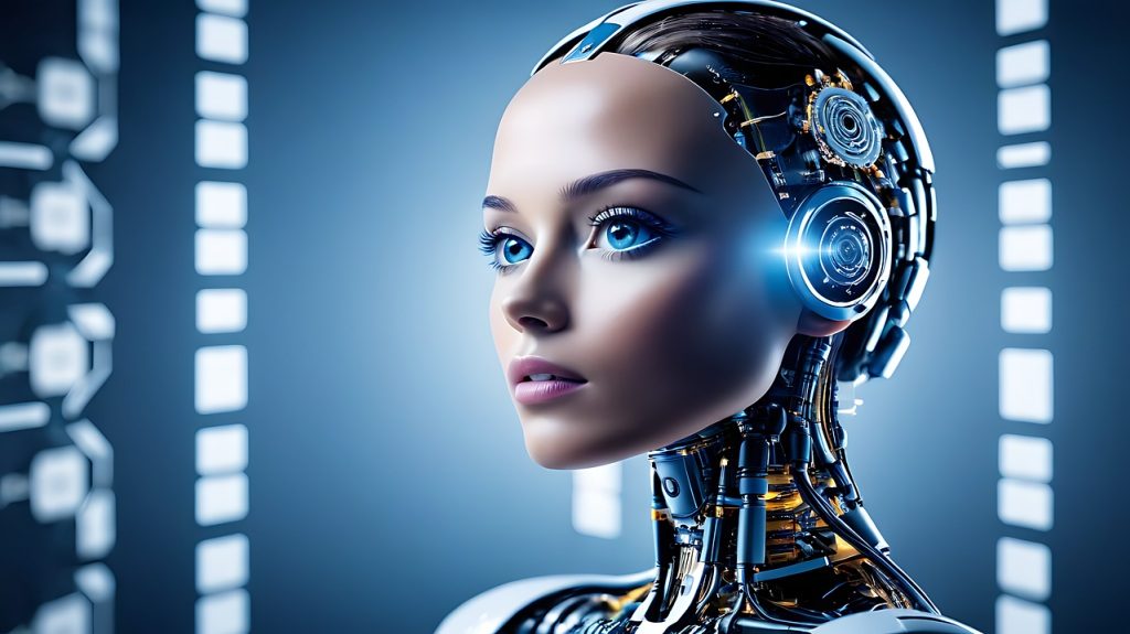 A close-up of a humanoid robot with expressive blue eyes and intricate mechanical details, symbolizing innovation and advanced technology.