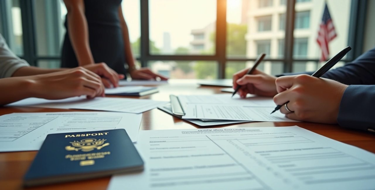 People signing documents for a US Work Visa application with a passport on the table