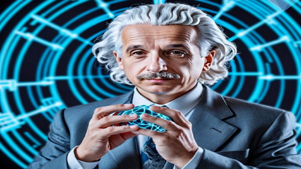 A distinguished scientist with gray hair holding a glowing geometric sphere, representing intelligence, discovery, and innovation in technology.
