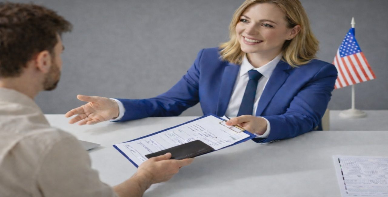 Una oficial consular sonriente con traje azul revisa documentos de visa mientras conversa con un solicitante durante una entrevista de visa estadounidense.