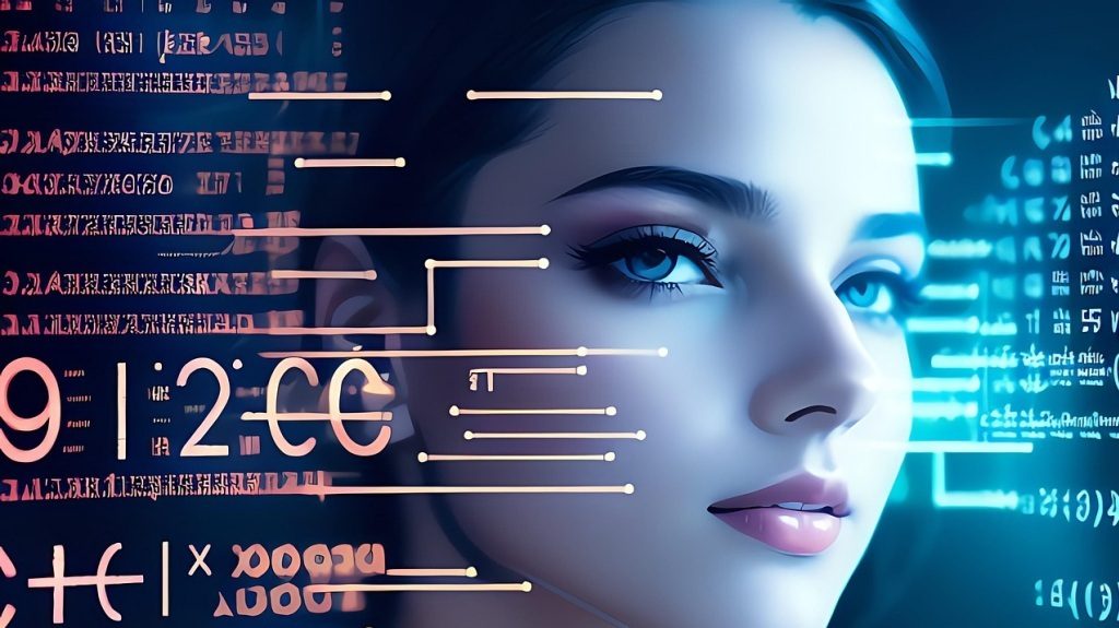 A young woman smiles softly as she looks at a screen filled with mathematical equations.