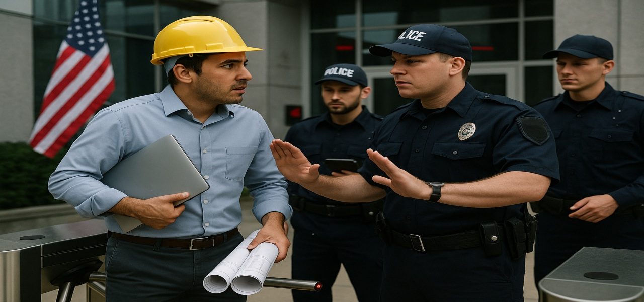 Police officers stopping an engineer with documents and a laptop outside a U.S. building.