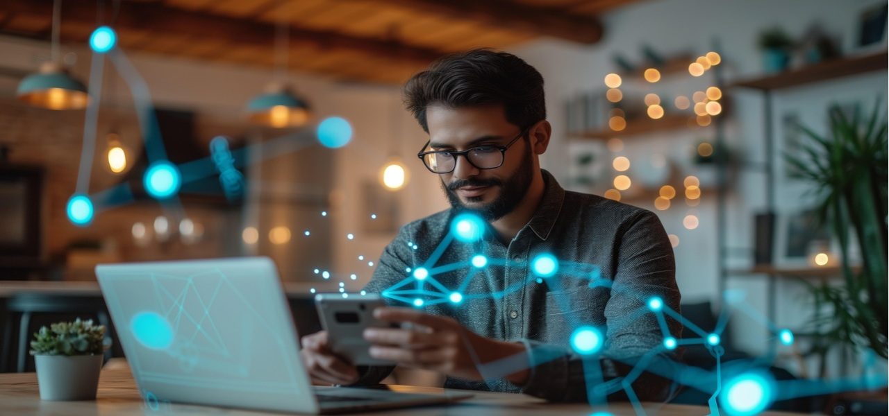 Un ingeniero con barba usando un teléfono y una laptop rodeado de gráficos digitales de redes de IA.
