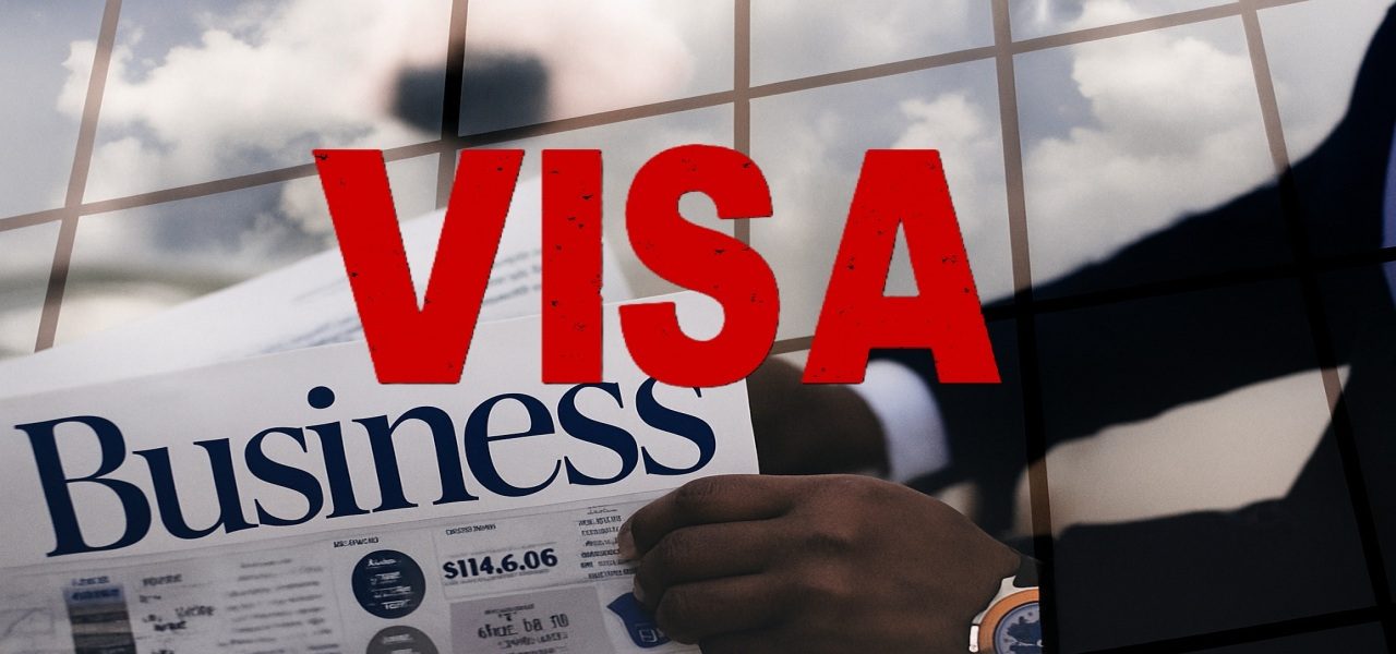 A business newspaper held in front of a glass building with the word VISA prominently displayed.
