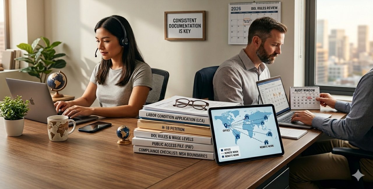 Remote employees working on laptops with global network map and compliance documents representing Immigration Compliance in hybrid work