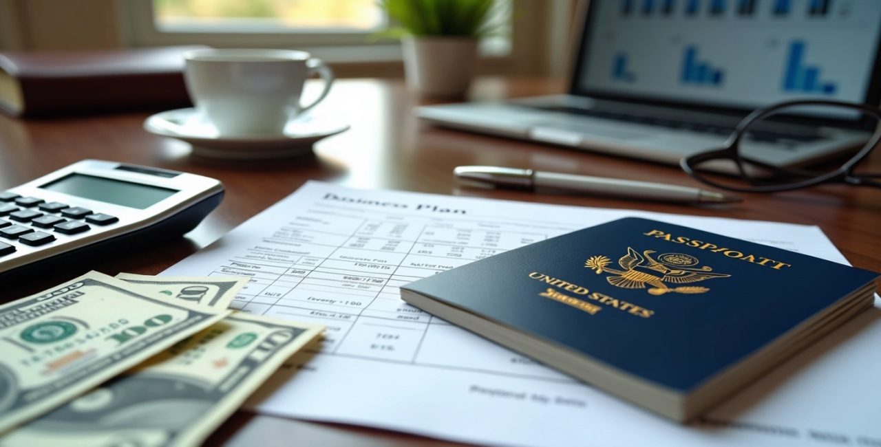 U.S. passport, cash, financial documents, and calculator representing E-2 visa minimum investment and business planning.