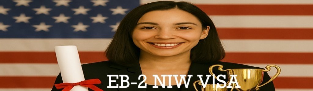 Smiling woman holding diploma and trophies in front of a blurred U.S. flag with "EB2 NIW Visa" text overlay.